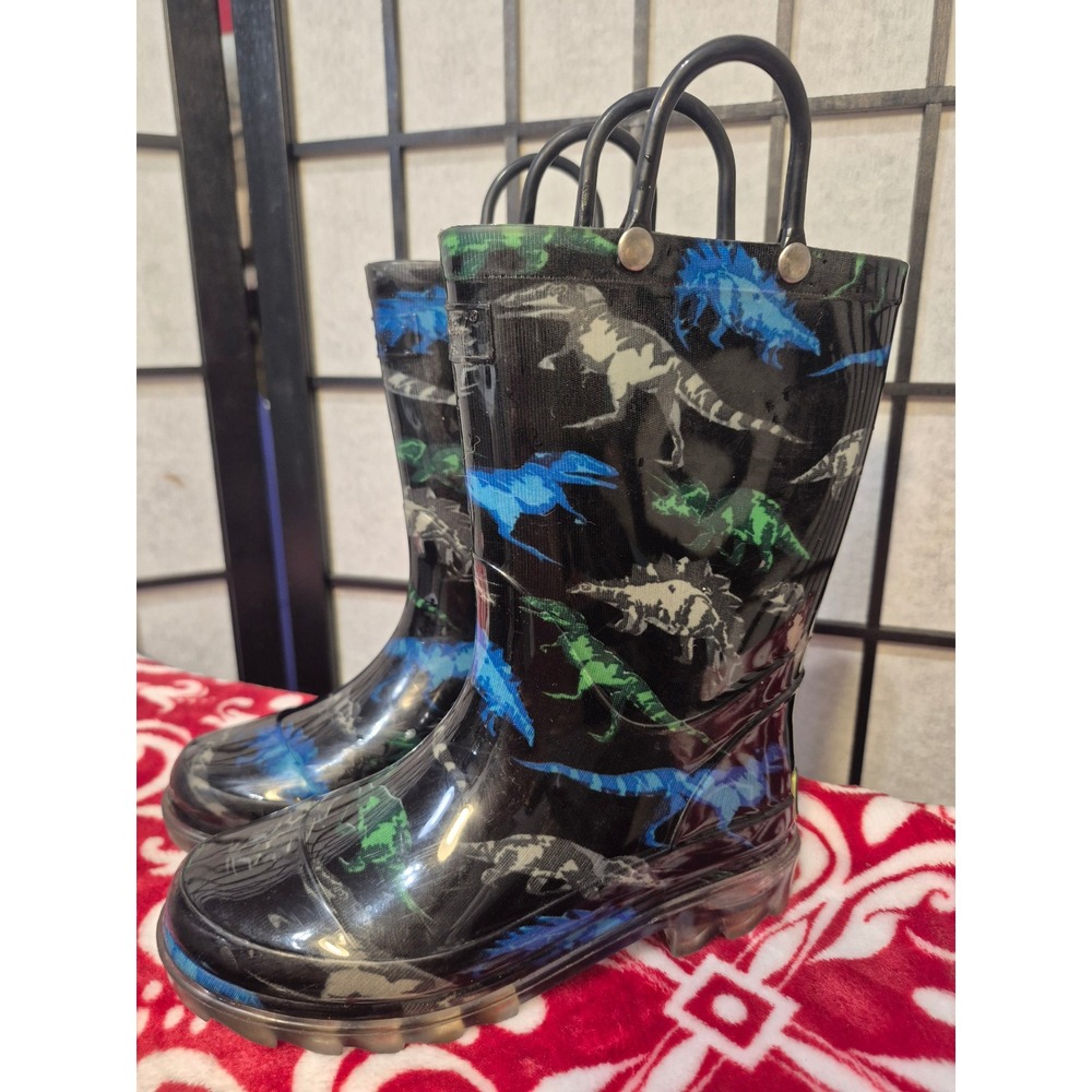 Western Chief Dinosaur Friends Lighted Rain Boots Black Blue Green Kids size 12